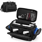 Travel case has a large front pocket with liner to store controllers, a small front pocket and two side pockets keeps cell phone, wallet, keys, discs. Also, there is a padded sleeve and mesh pocket in the main compartment to hold 15.6’’ laptop, cables.
